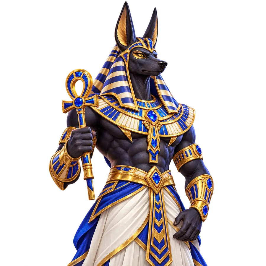 Ağ-göy Misir geyimli, çaqqal başlı Anubis slot mövzusunu göstərən anx tutur.