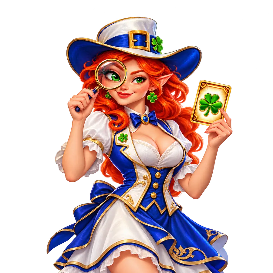 Ağ-göy leprekon geyimli qızıl saçlı Ms Clover böyüdücü şüşə ilə oyun kartına baxır.