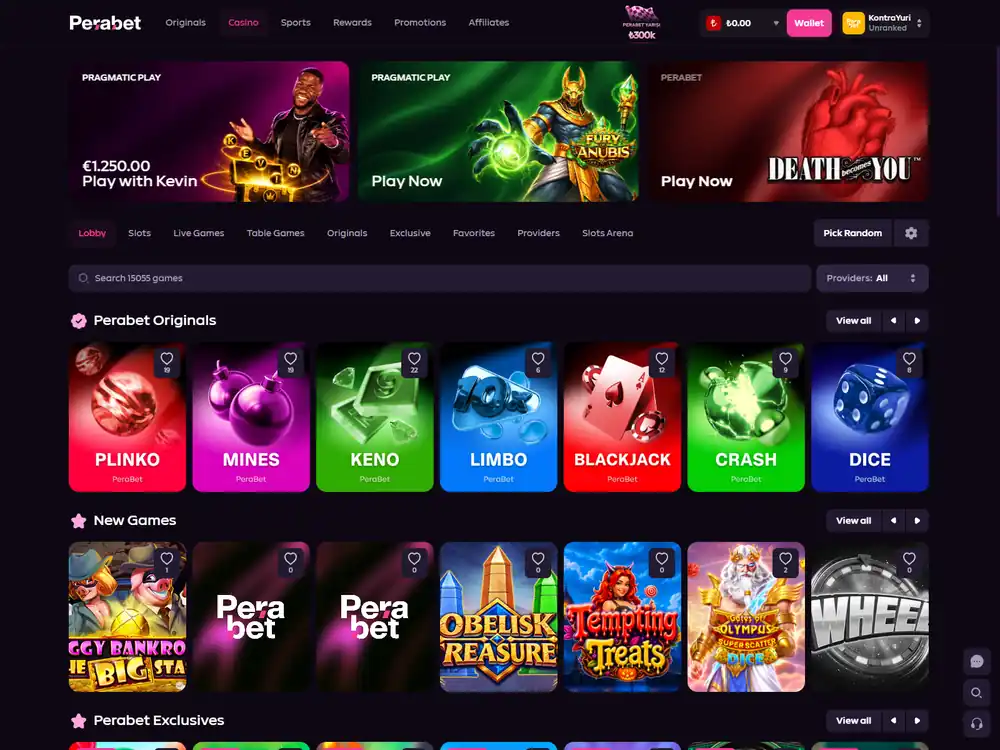 Slot, canlı oyun və provayder bölmələri olan kazino menyusu