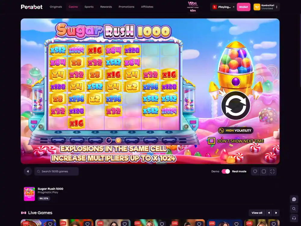 96,53% RTP və Demo/Real keçidi olan Sugar Rush 1000 kartı