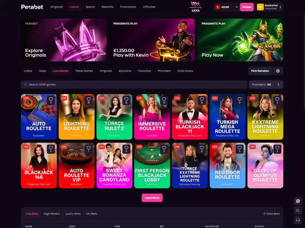 Live Games və Table Games-in real ekranı