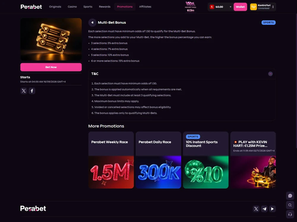 Dörd bonus pilləsi və 1,50 əmsal həddi olan Multi-Bet şərtləri