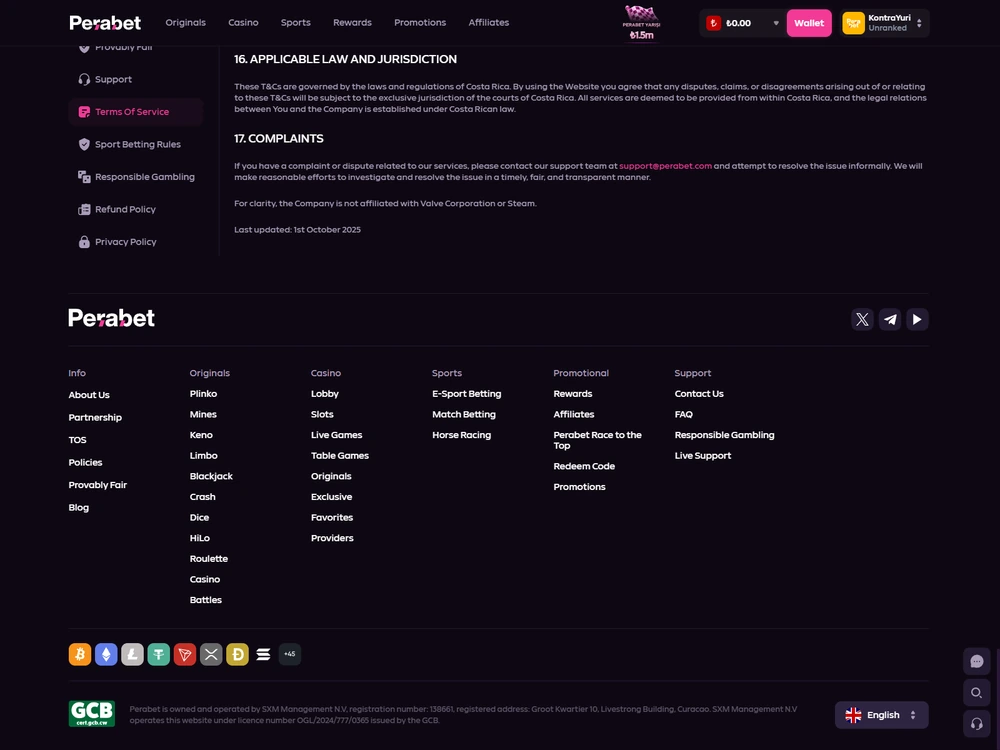 PeraBet operatorunun hüquqi rekvizitləri olan Terms of Service səhifəsi