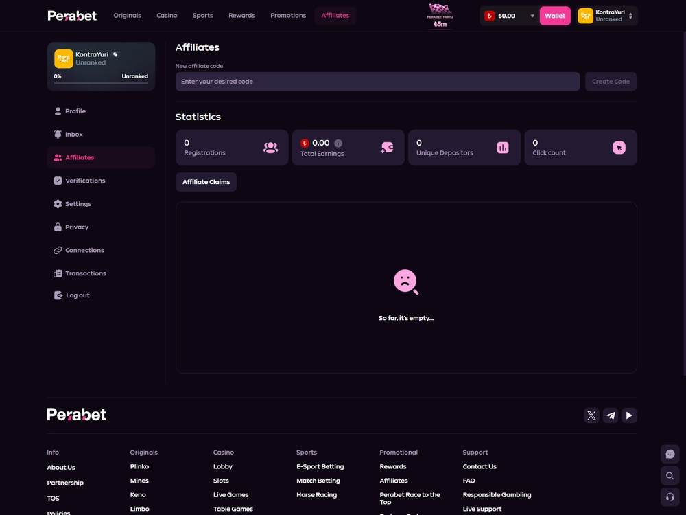 Keçid, qeydiyyat və hesab göstəriciləri olan Affiliate UI paneli
