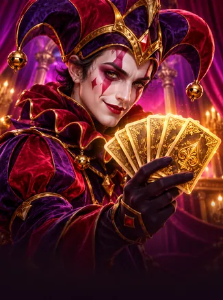 40 Power Joker: qızılı kart yelpiyi tutan bənövşəyi təlxək