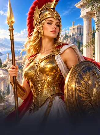 Wisdom of Athena 1000: nizə və qalxanla qızılı zirehli Afina